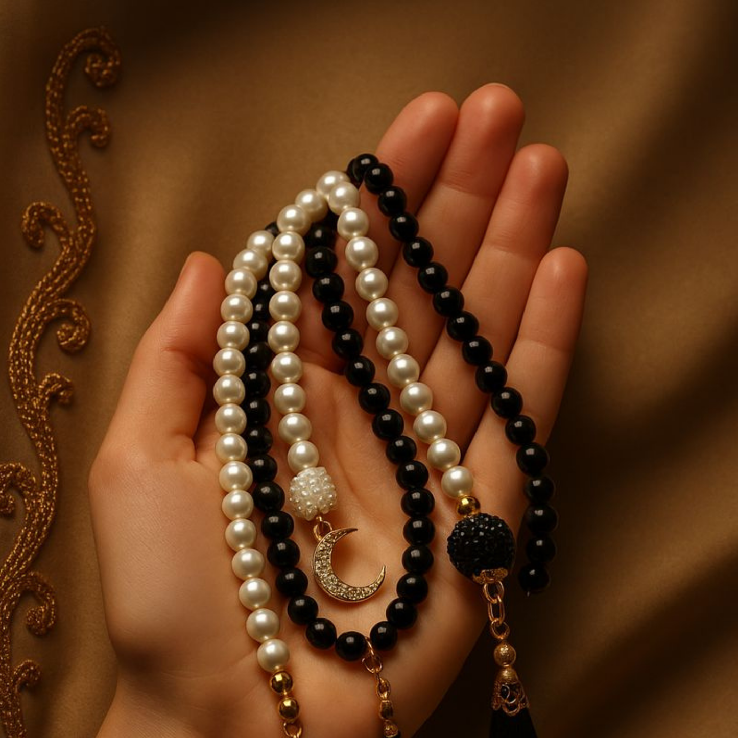 İnci Taneli Siyah-Beyaz Çift Tesbih